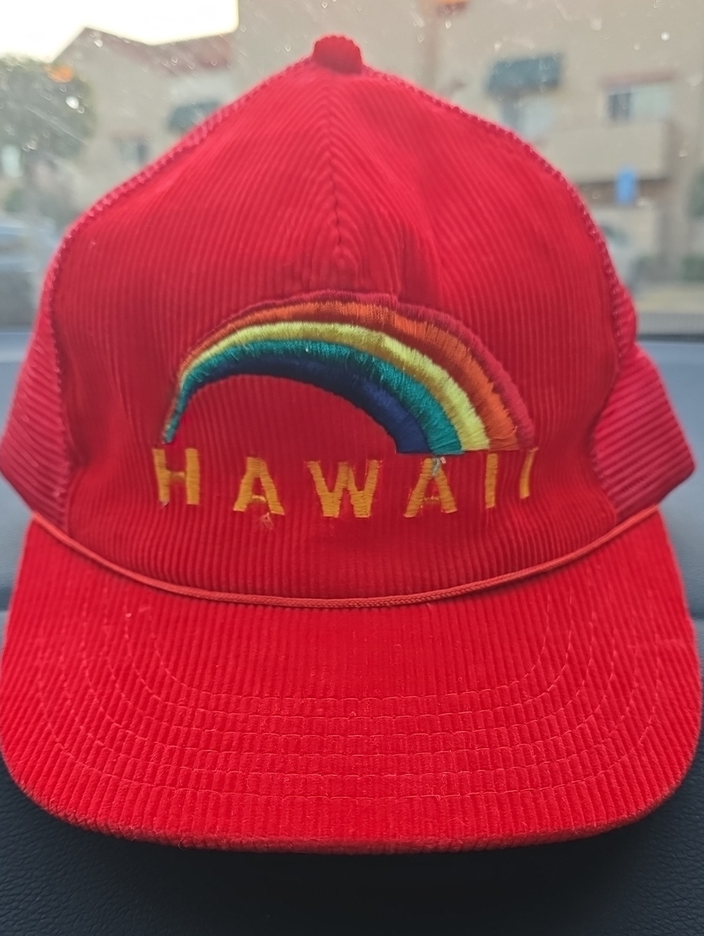 Vintage 80s Hawaii Rainbow Corduroy Mesh Trucker Hat Red Snapback